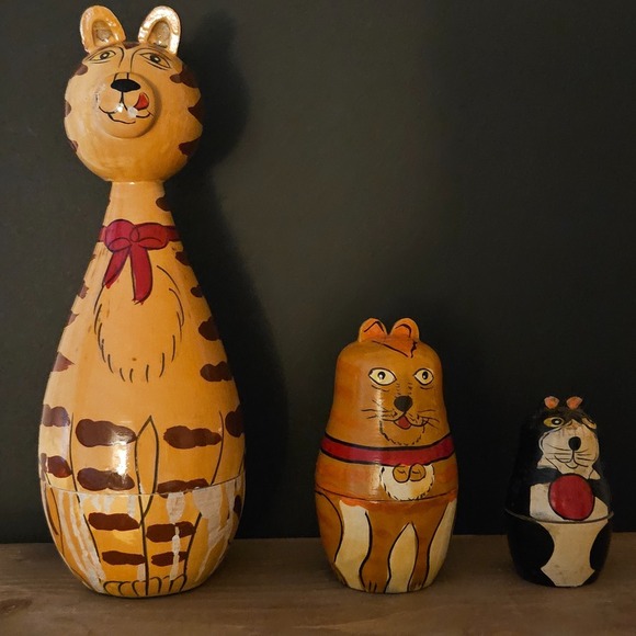 The Unbranded Brand Other - Vintage Wooden Cat Nesting Dolls Set Hand Painted Folk Art Animal 3pc